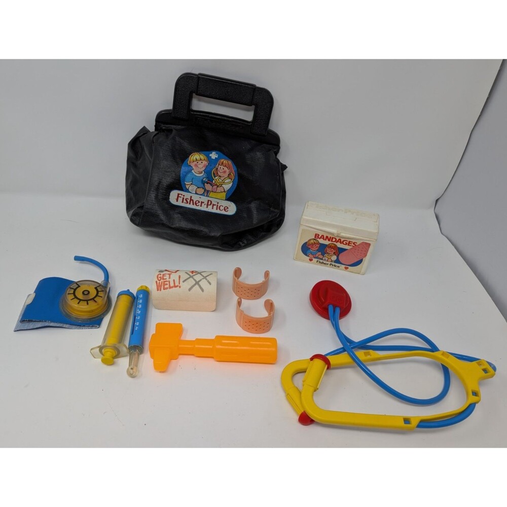 1987 Vintage Fisher Price Medical Kit Doctor Dr Nurse Bag Play Set & Doctor Kit